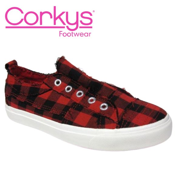 Corkys Shoes - CORKYS Babalu Red Buffalo Plaid Slip On No Tie Sneakers 6-10